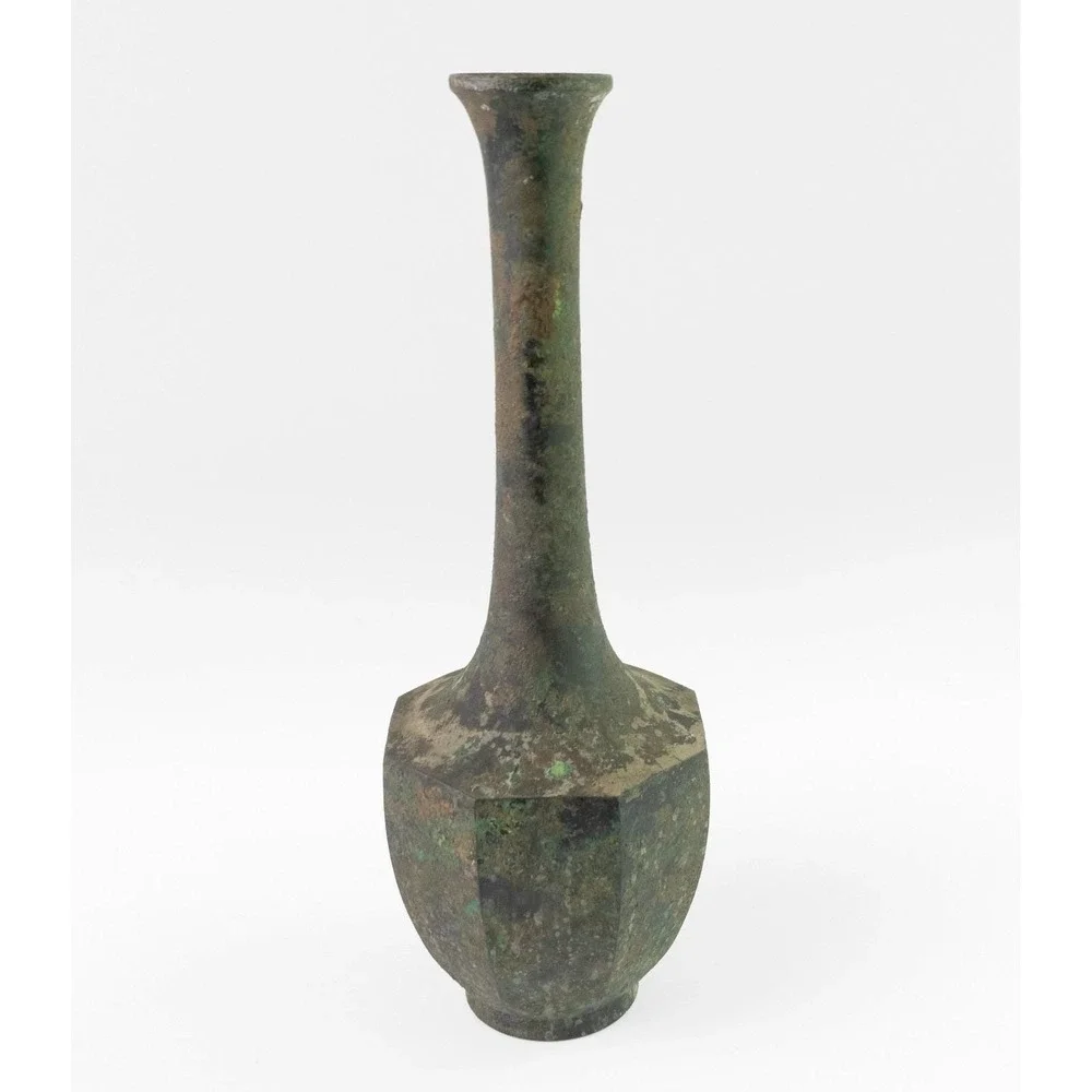 Chinese Bronze Octagonal Long Neck Vase Verdigris Patina